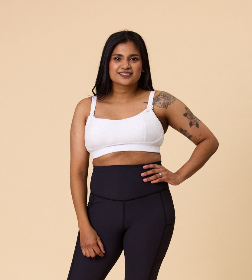 back view of a mum wearing a maternity bra with a racerback option